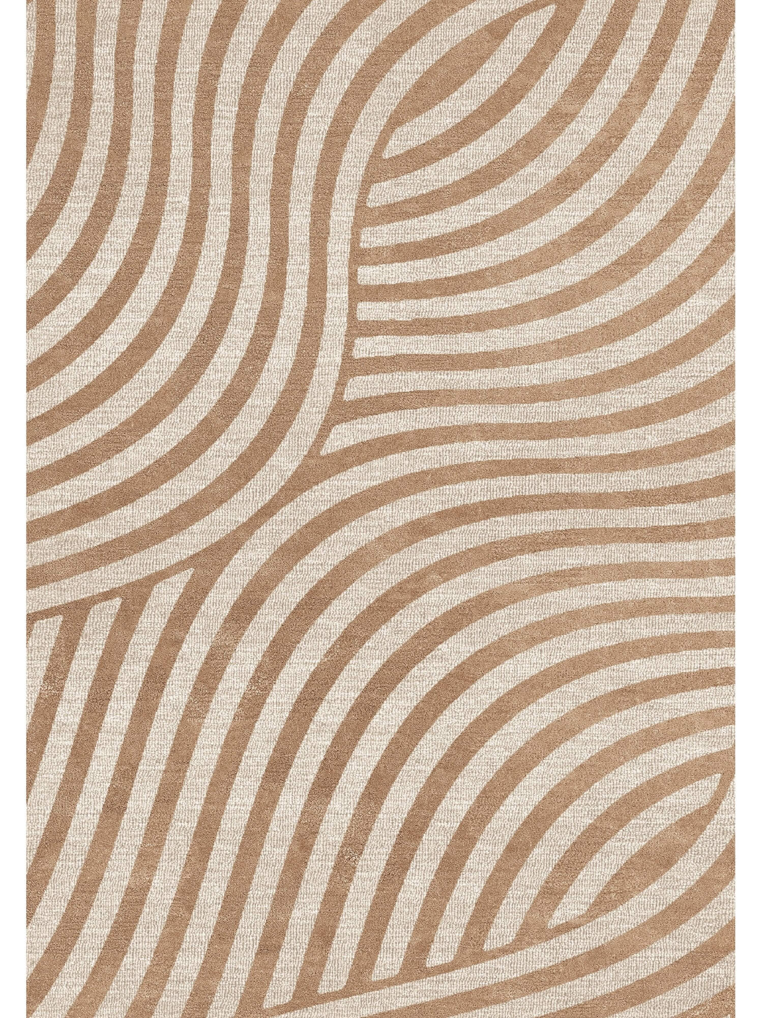 hand tufted wool area rug with wavy lines in brown and beige tones