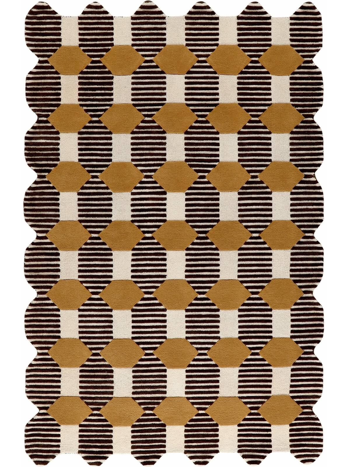hand tufted geometric pattern wool rug with hexagons design in brown, black, and white.