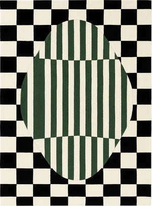 modern hand tufted wool rug with green strip and black check pattern