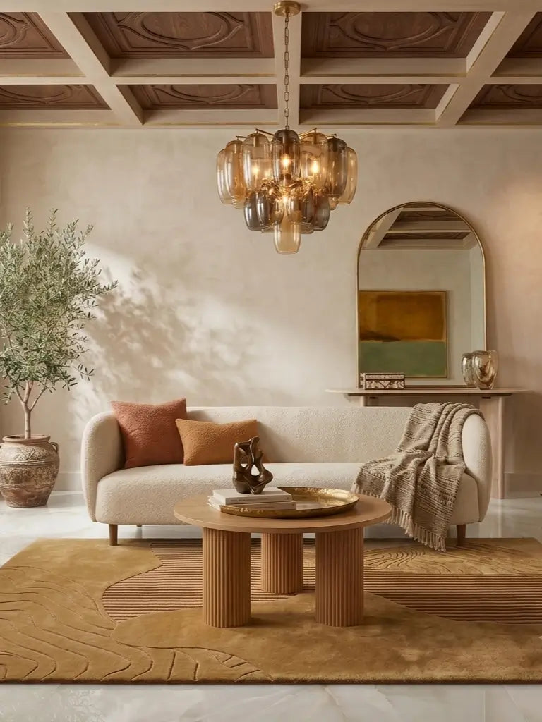 A modern living room with tufted wool area rug in center