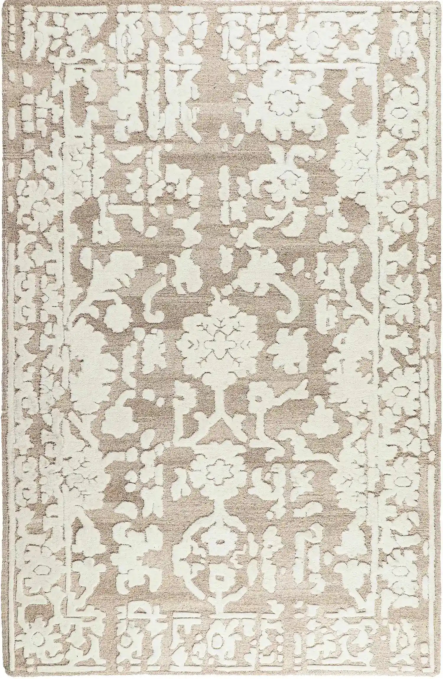 Decorative hand tufted area rug with intricate pattern in beige and white