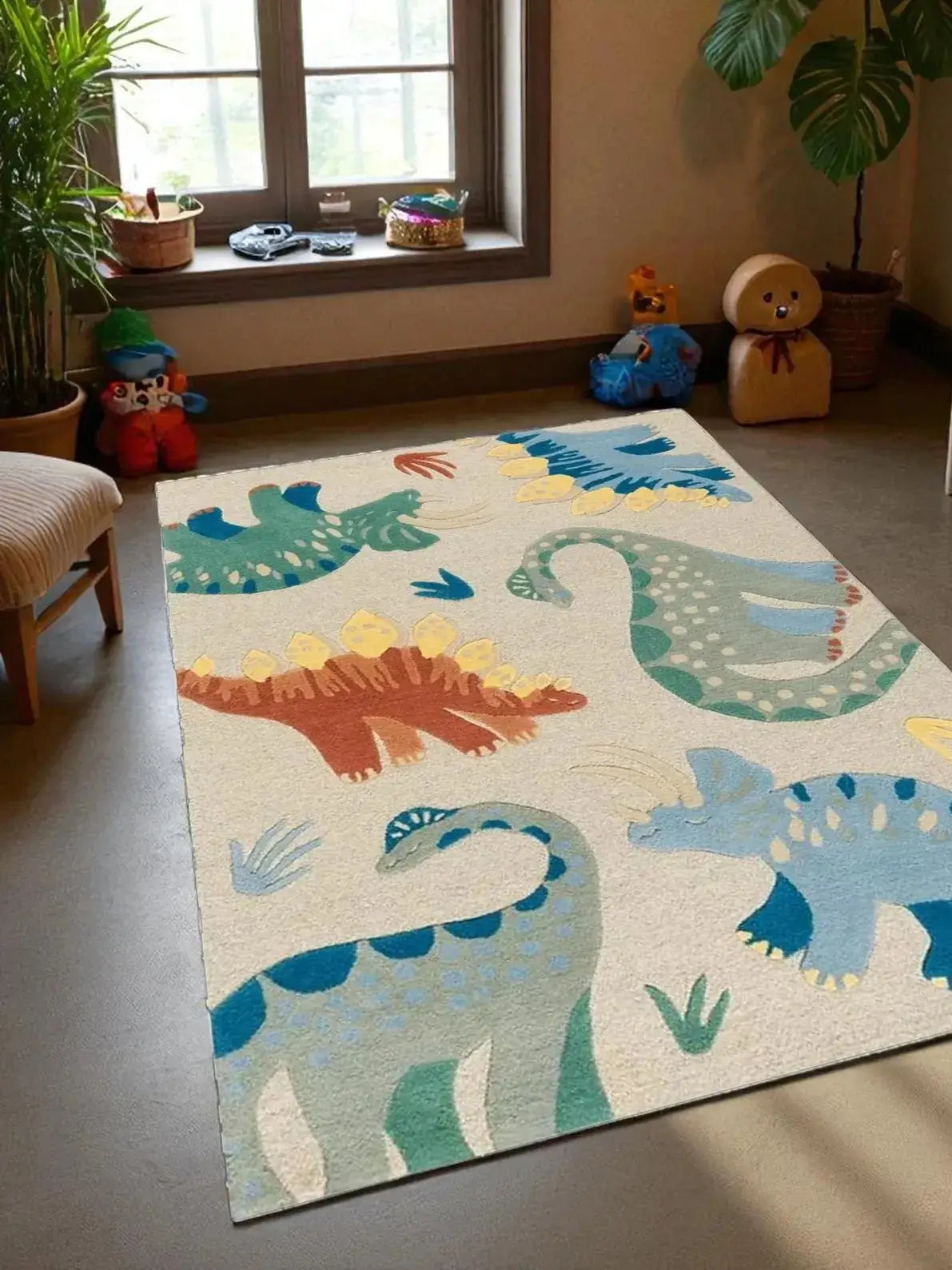 Children's room with a dinosaur-themed rug on the floor.