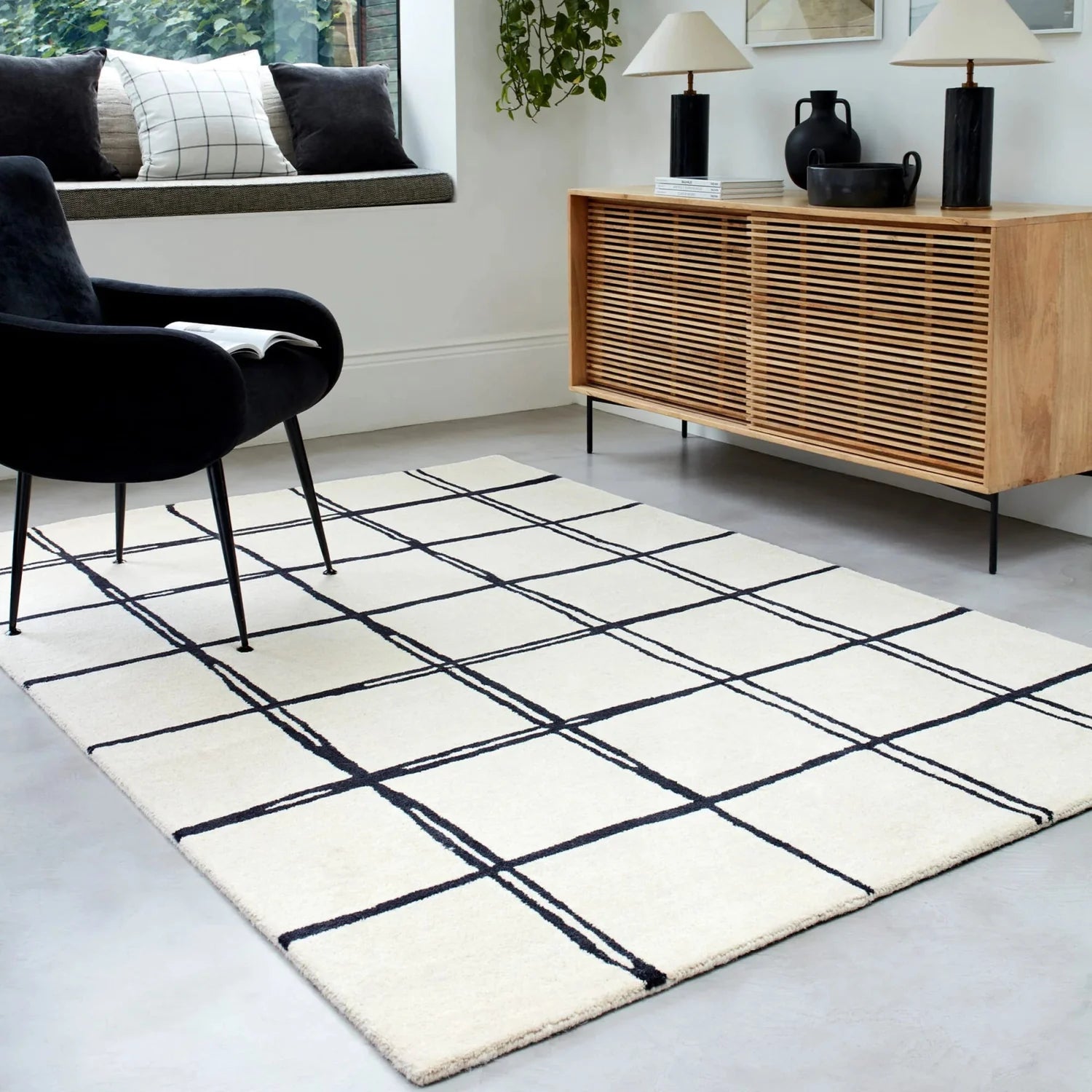 beige grid rug in living area