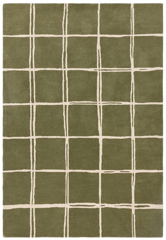 Green rug with beige grid pattern