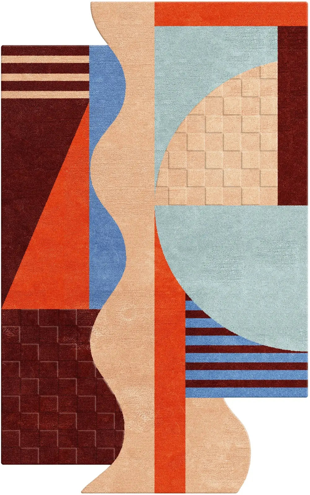 Geometric patterned hand tufted rug with abstract shapes in red, blue, and beige.