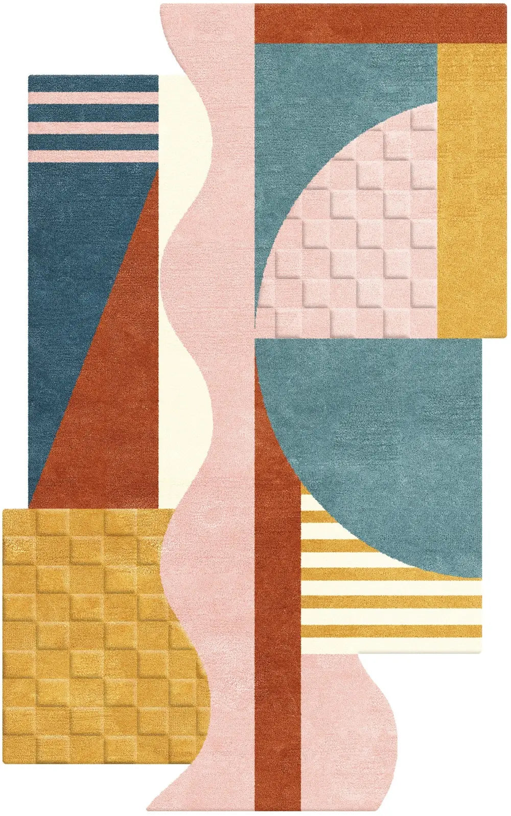 Geometric patterned hand tufted wool area rug with colorful shapes on a white background