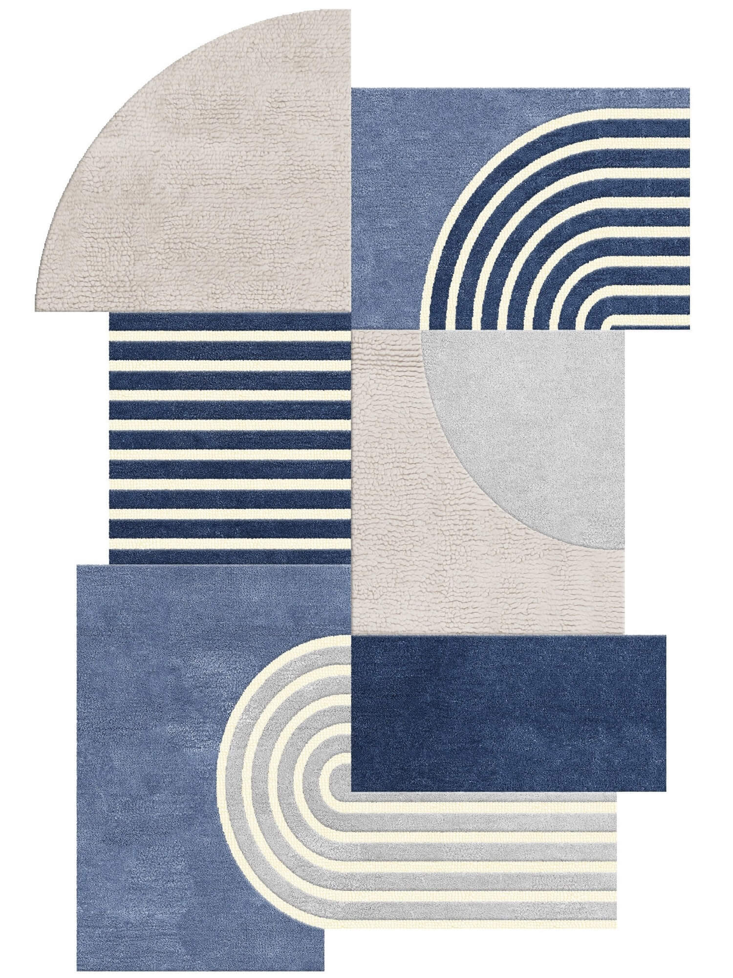 Geometric patterned irregular rug with blue and beige colors