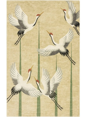beige hand tufted wool rug with crane bird design
