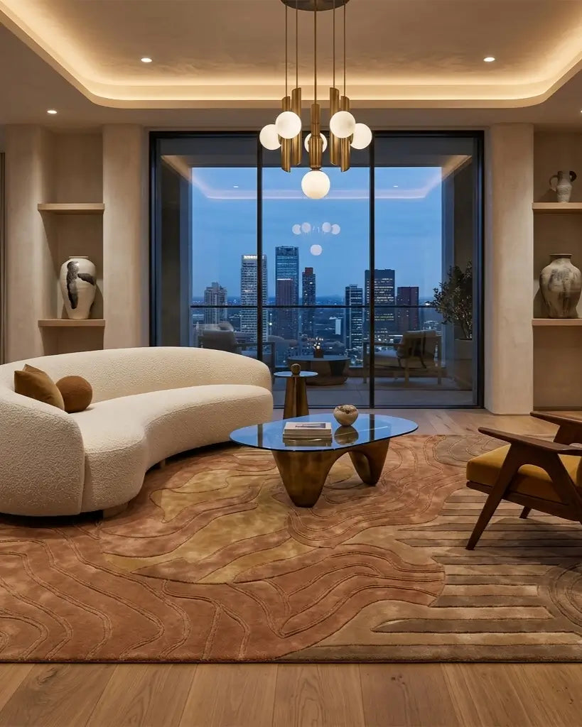 A modern living room with brown tufted wool rug in center
