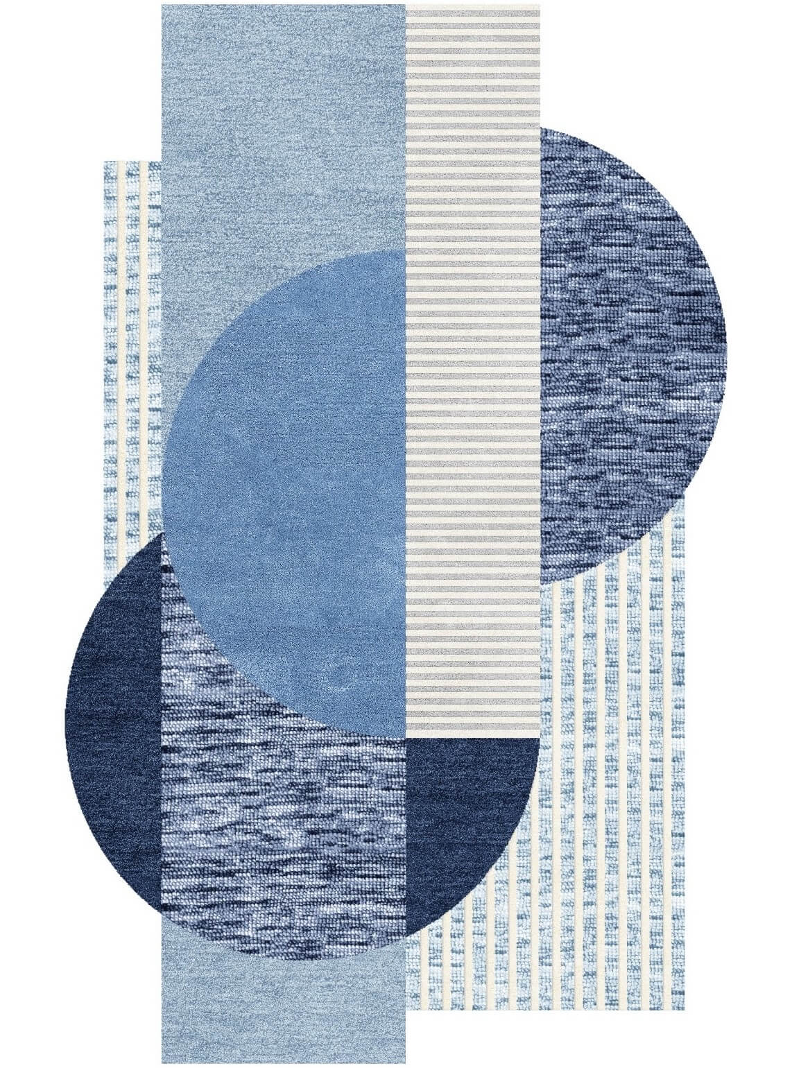 Geometric patterned wool rug with blue and white circles and stripes