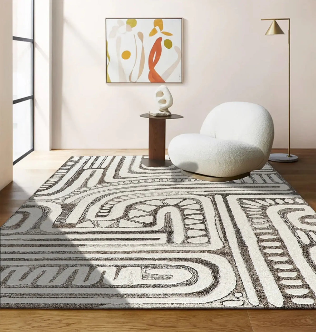 abstract design area rug in modern room