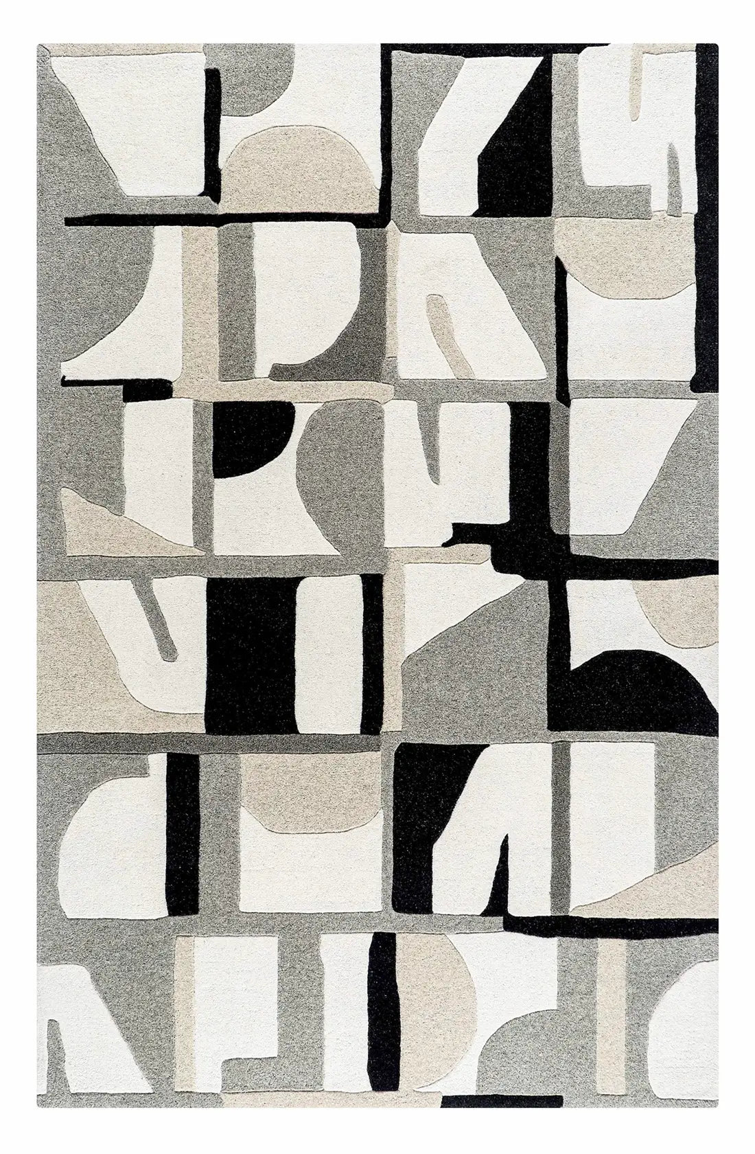abstract pattern hand tufted wool area rug in grey, black and white