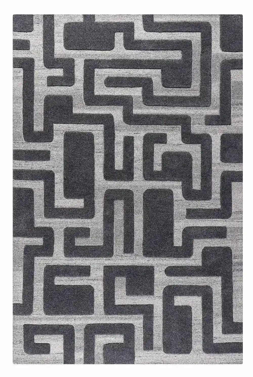 Gray and black geometric patterned rug hand tufted with NZ wool