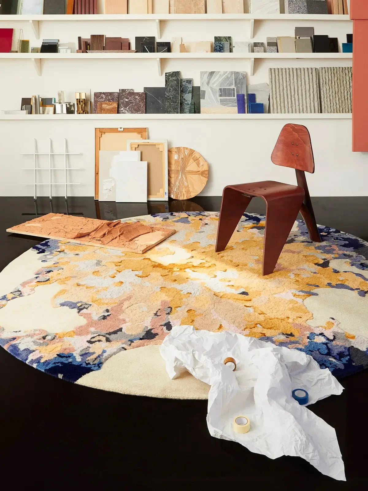 modern hand tufted round rug with abstract design