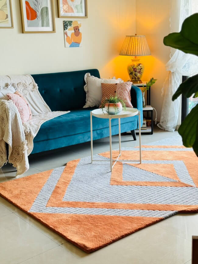 modern living room with vex hand tufted wool rug