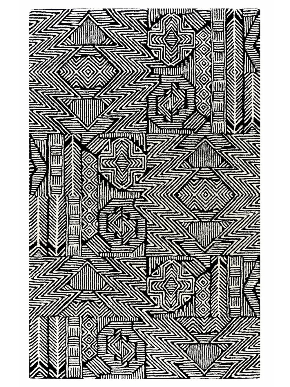 Black and white geometric patterned hand tufted wool area rug