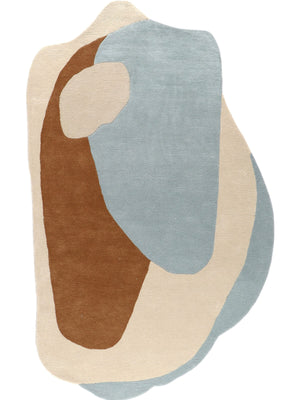 Abstract wool area rug with brown, blue, and beige shapes