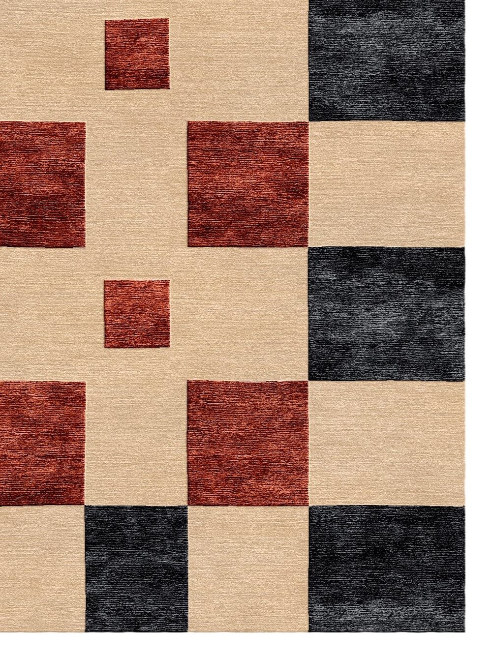Checkered rug with red and black squares on a beige