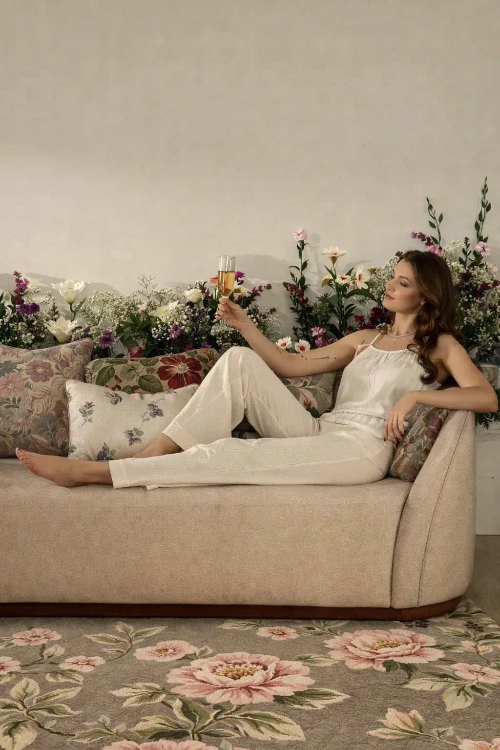 A woman reclines on a beige sofa in a styled room with floral patterned rug