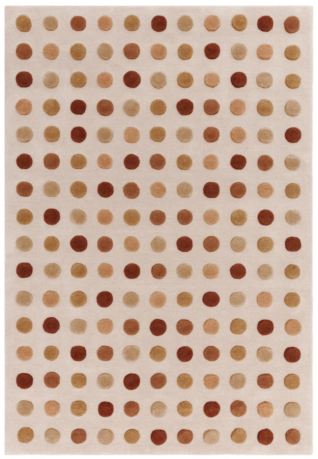 tufted rug with polka dot pattern of brown and beige