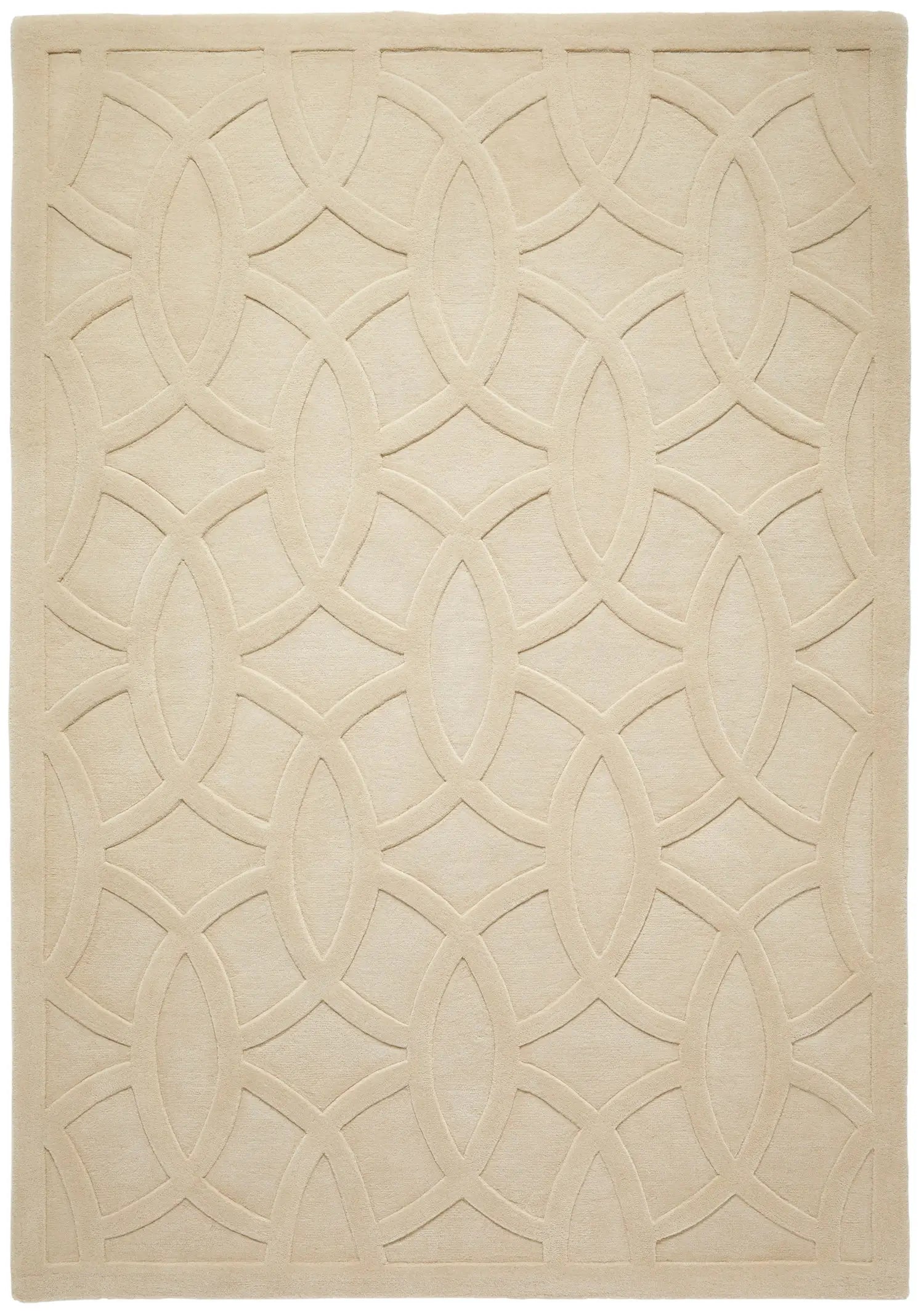Beige tufted area rug with a circular geometric pattern