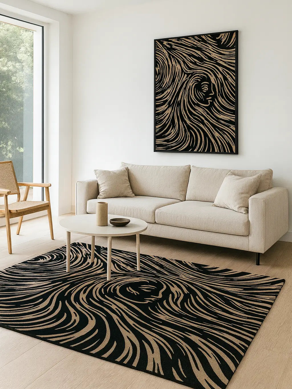 Living room with a black and beige rug