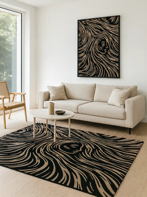 Living room with a black and beige rug