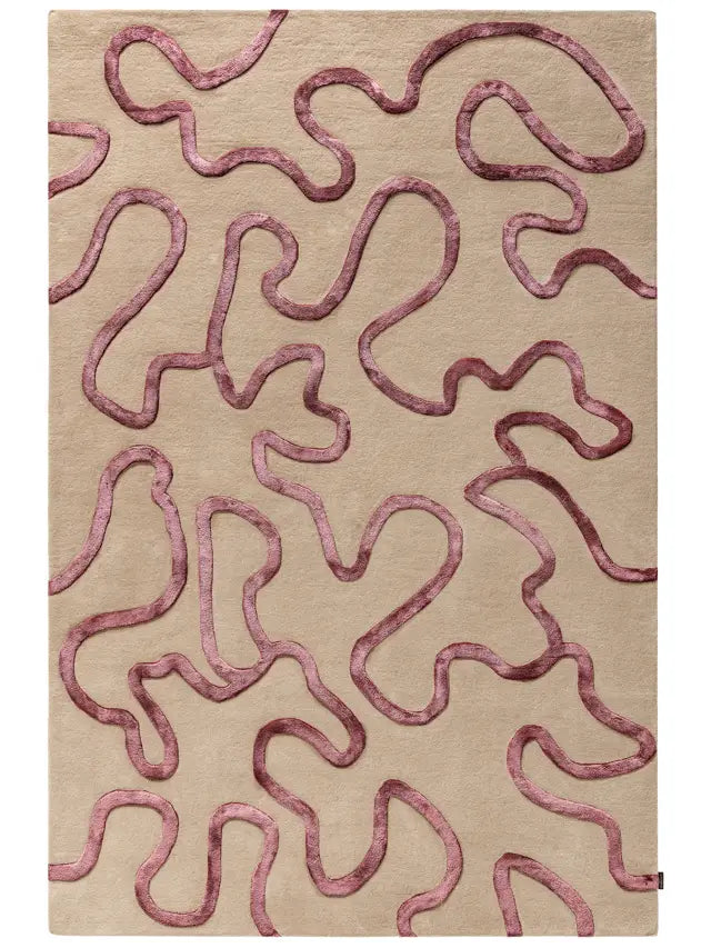 luxury hand tufted rug in beige with maroon wavy pattern
