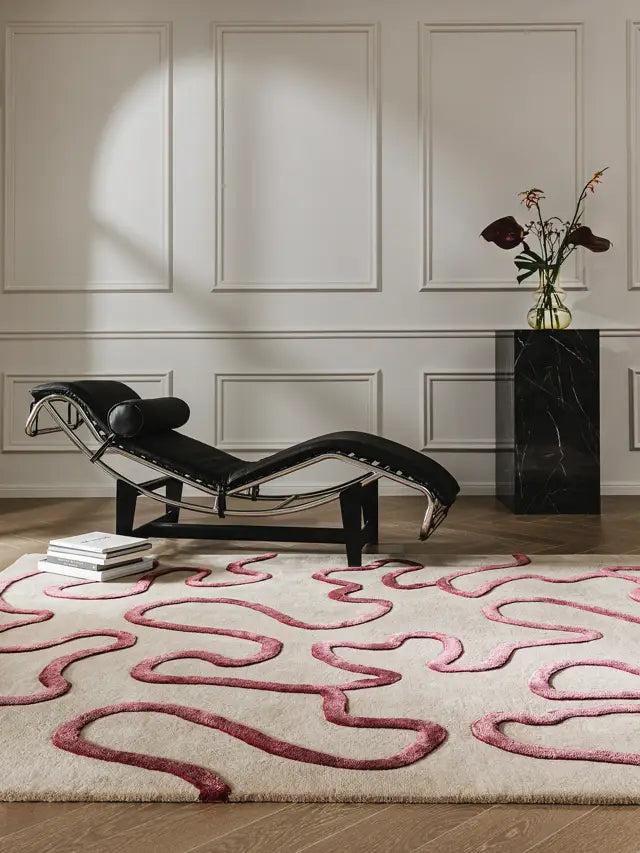 modern beige with maroon wavy pattern rug
