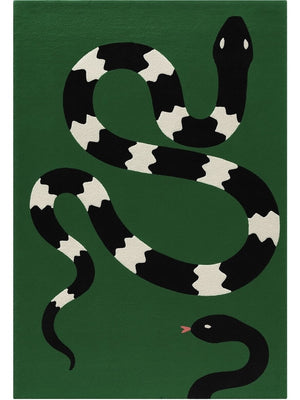 green hand tufted wool rug with black and white snake design