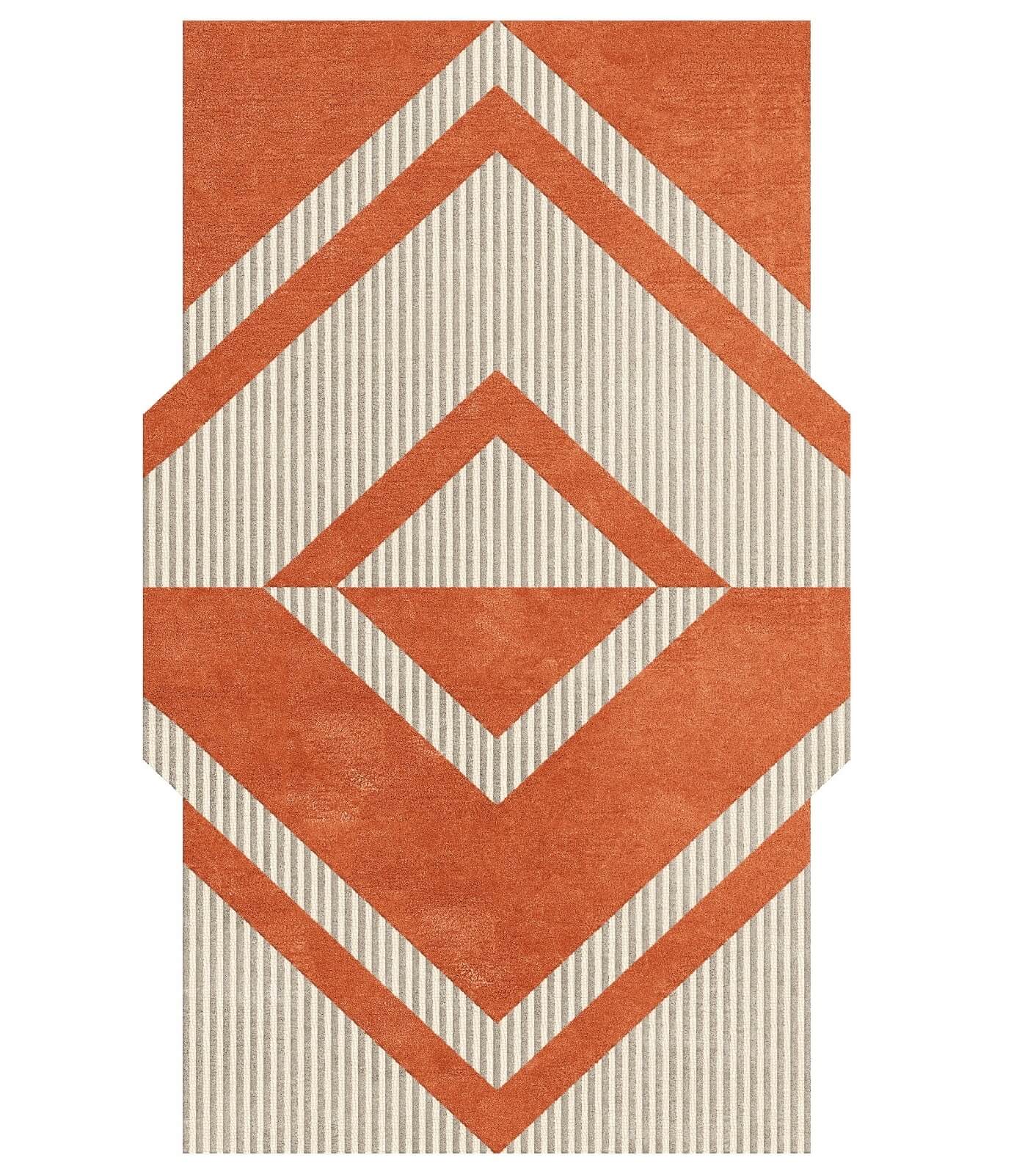 tufted wool rug with geometric pattern of orange and beige stripes