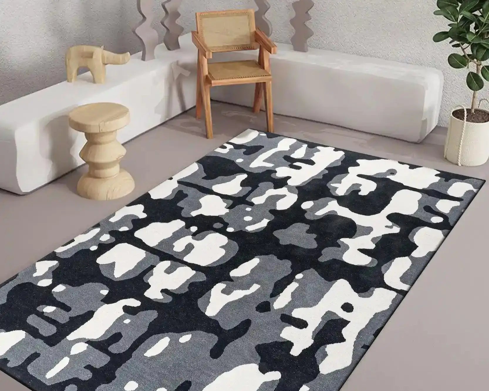 monochrome, black and white rug in modern home