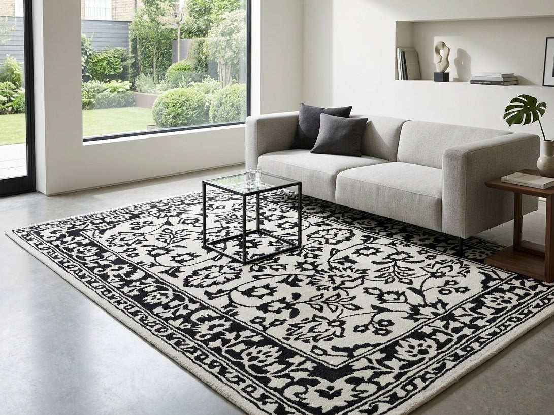 modern living room with vintage rug