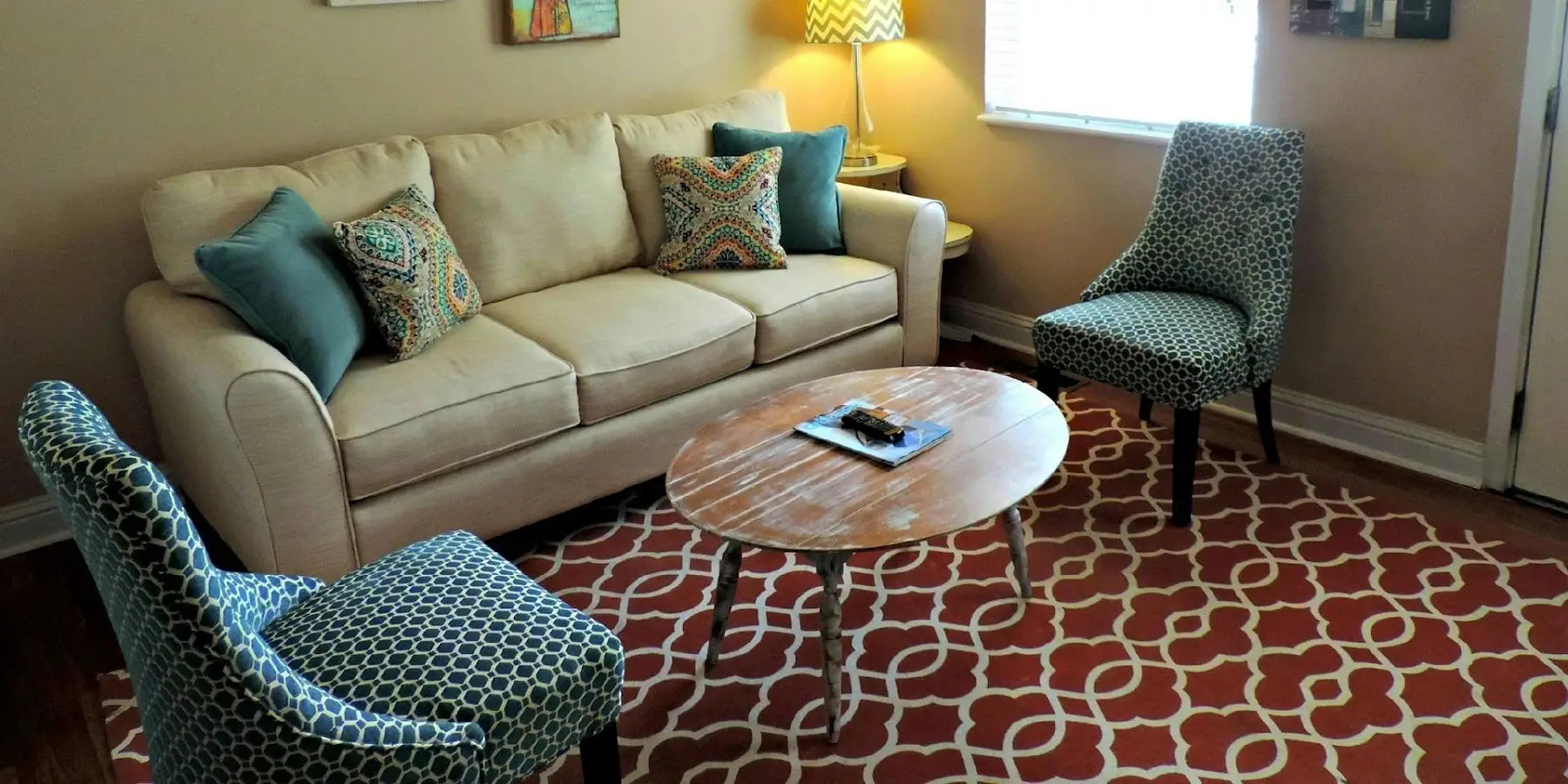 modern living room with rug and chair