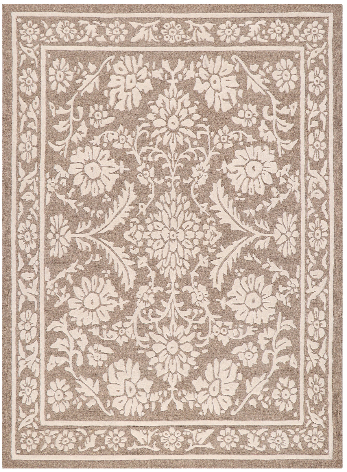 A rectangular area rug with a traditional floral and scroll pattern in warm taupe and cream, shown flat against a white background.