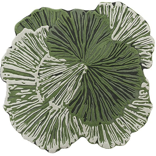 Decorative green and white circular rug on a white background