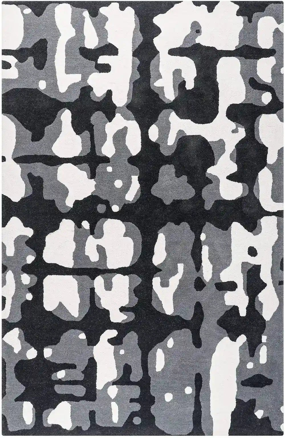 Camouflage patterned hand tufted wool rug with black, gray, and white colors.