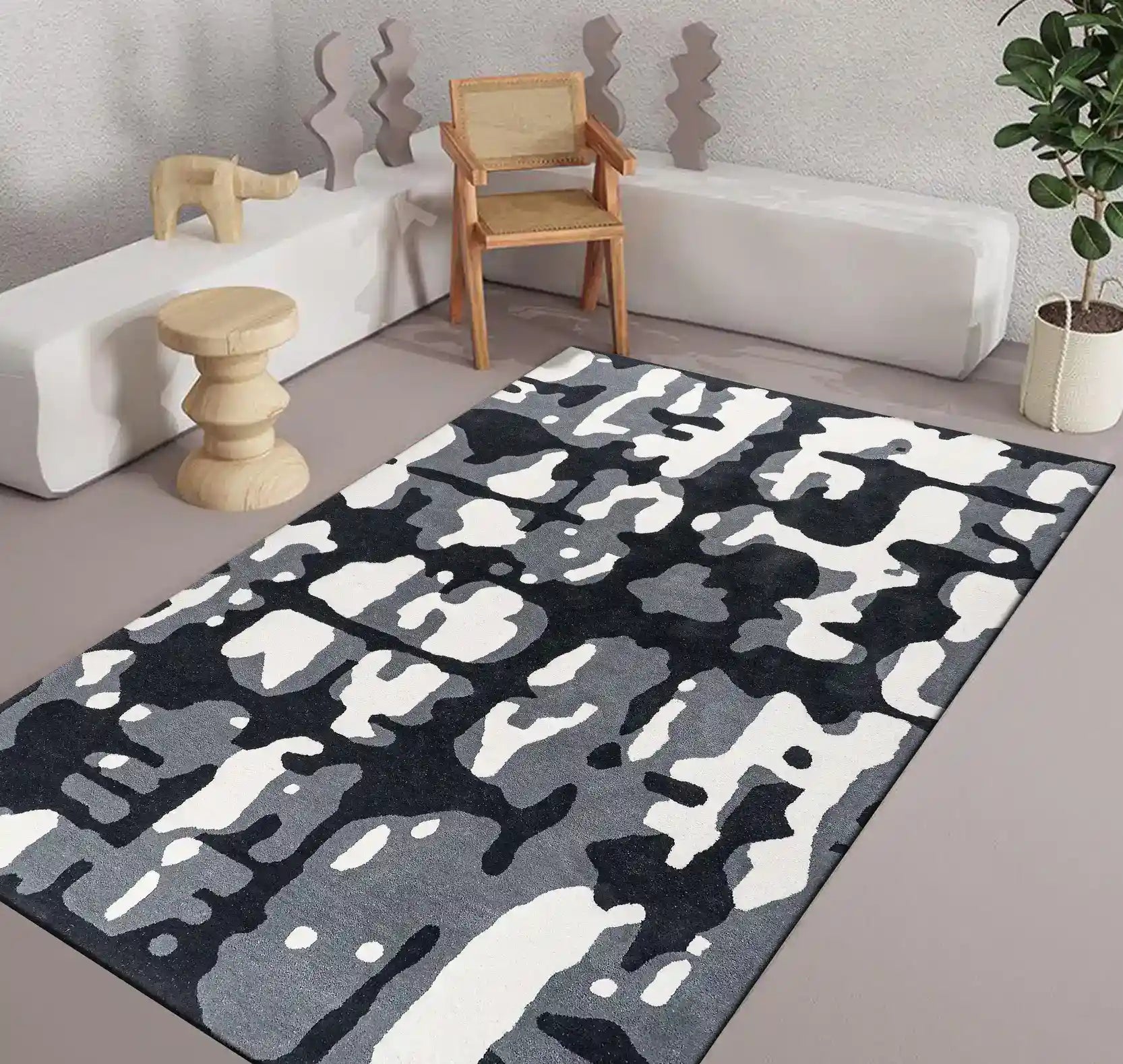 grey and black hand tufted wool rug in living room