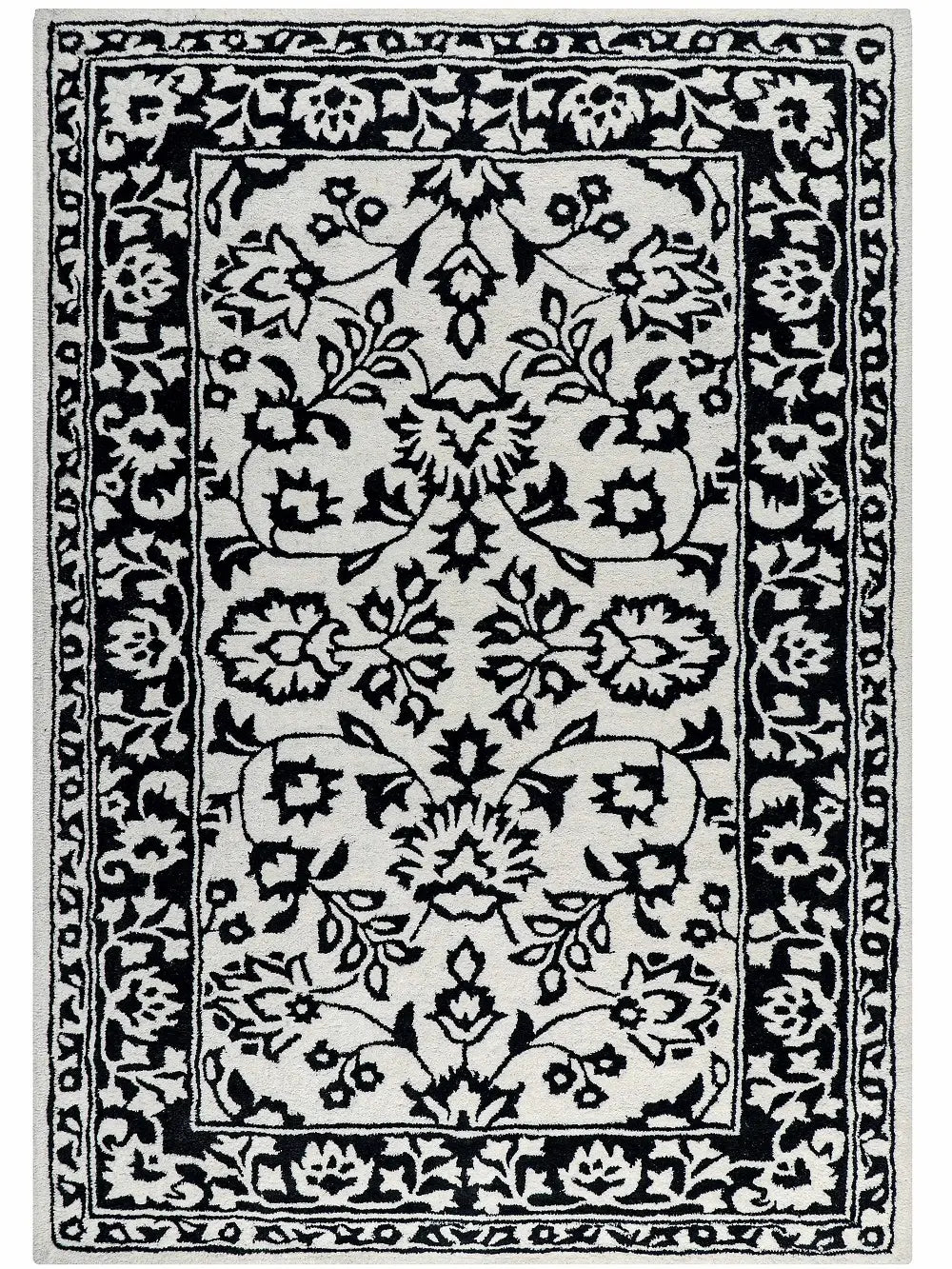 black and white floral pattern wool rug, hand tufted