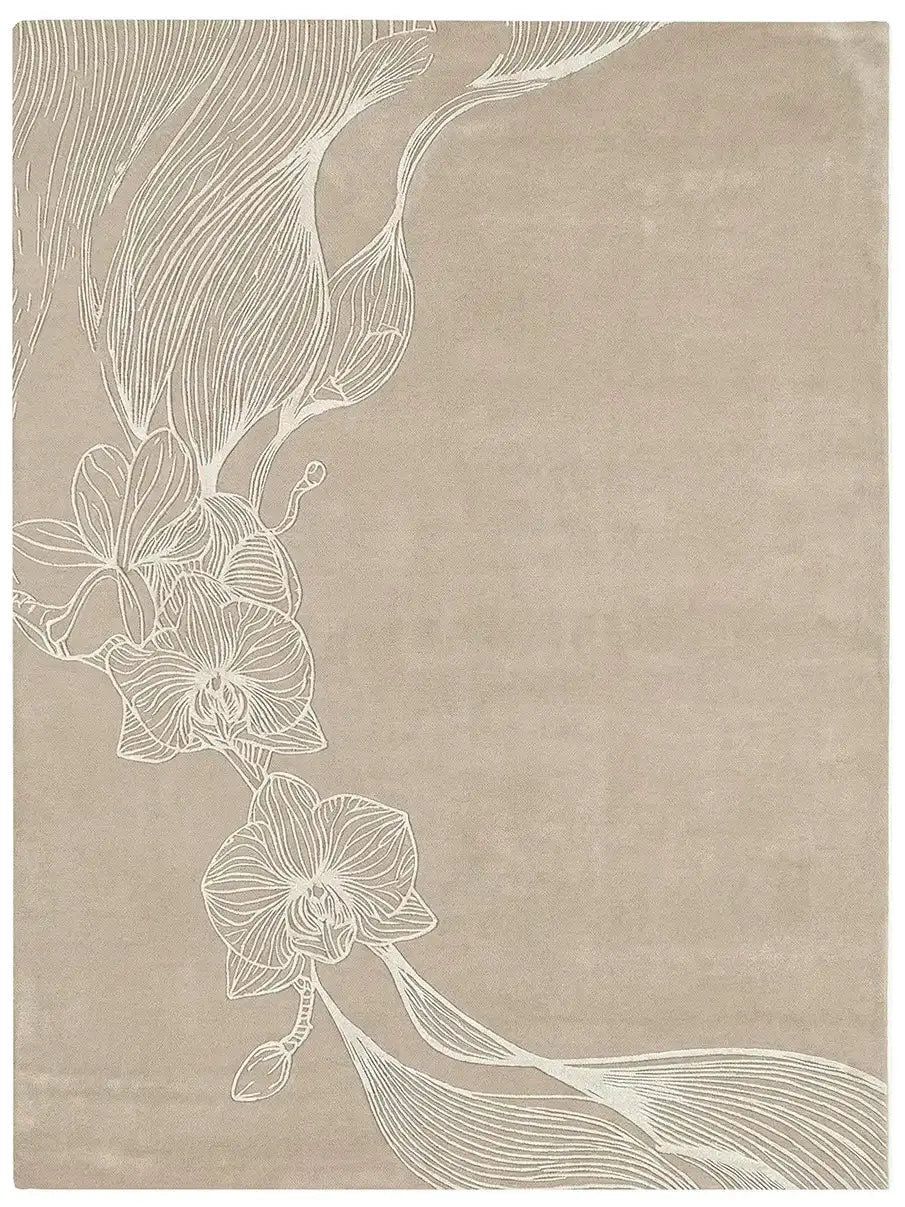 Beige tufted rug with white floral design