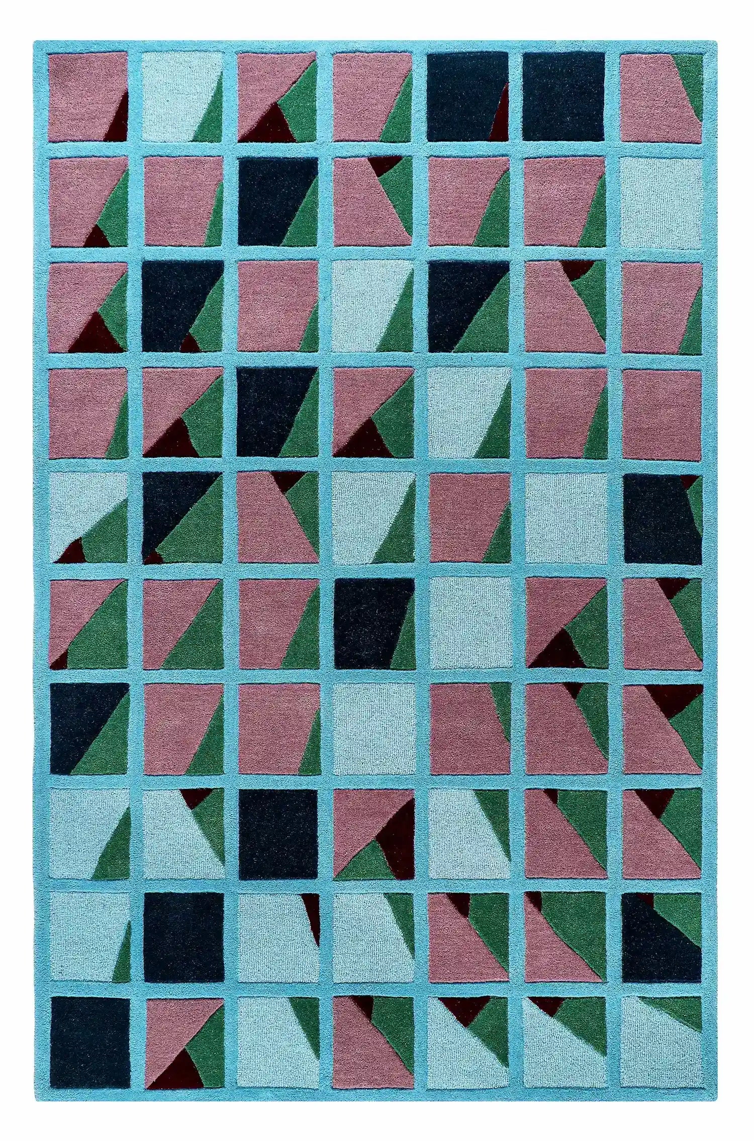 hand tufted wool area rug with square grid in blue, green, and pink