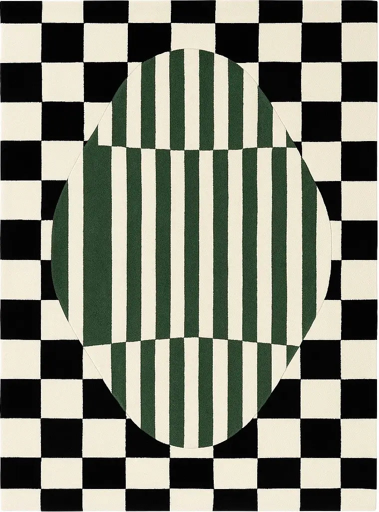modern hand tufted wool rug with green strip and black check pattern