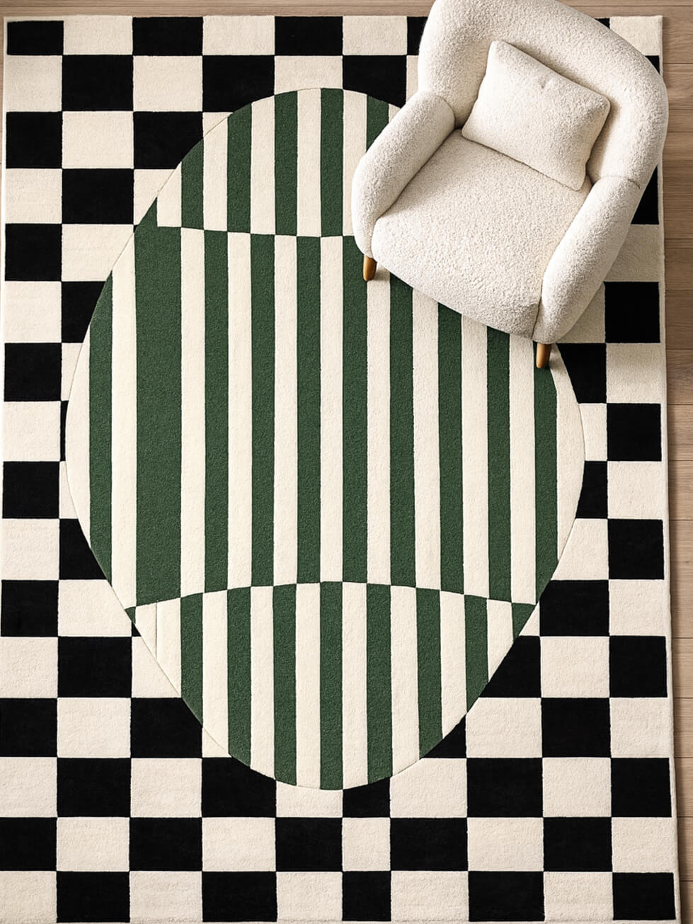 chair on wool rug with green and white striped pattern