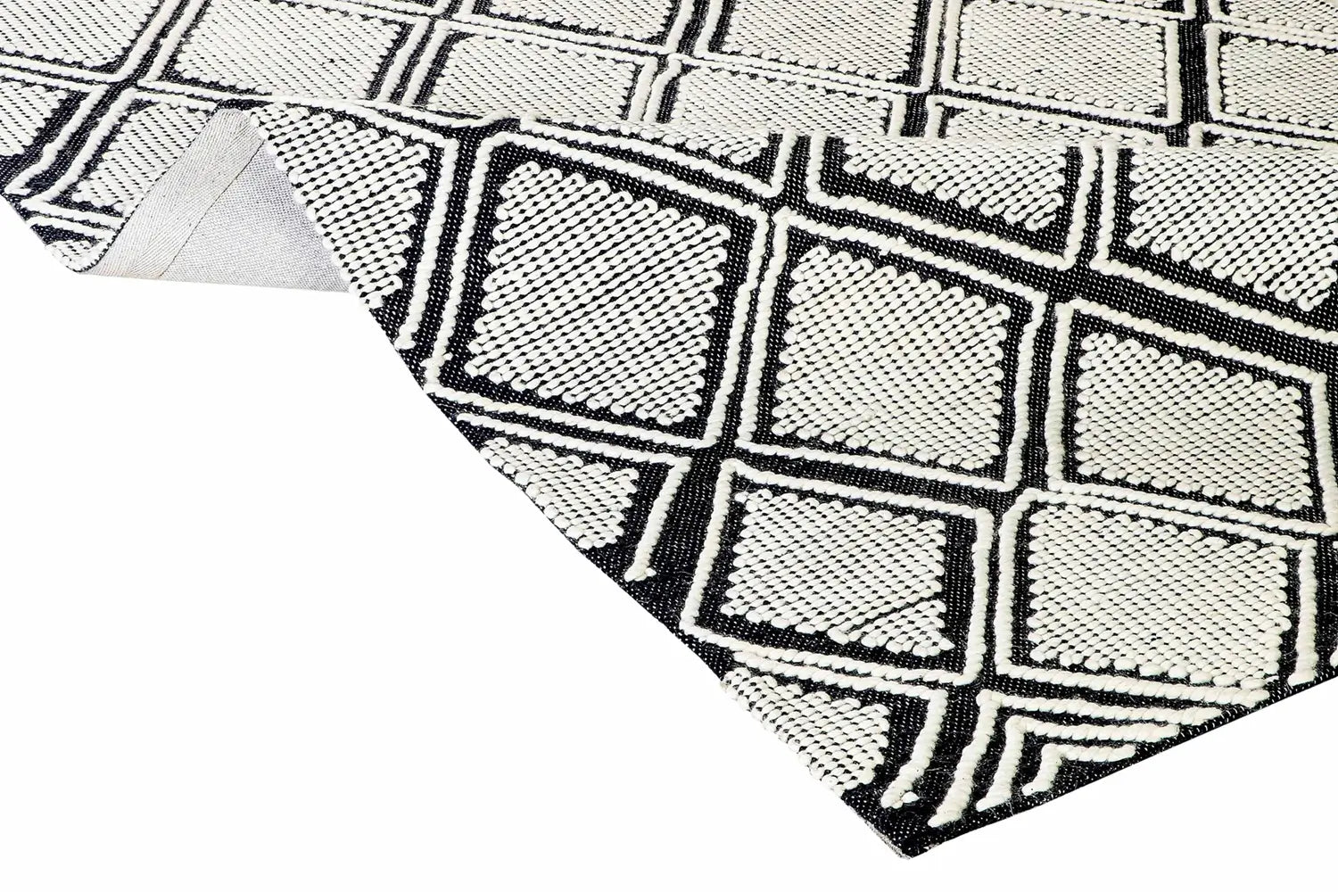 flatweave black and white wool rug close up