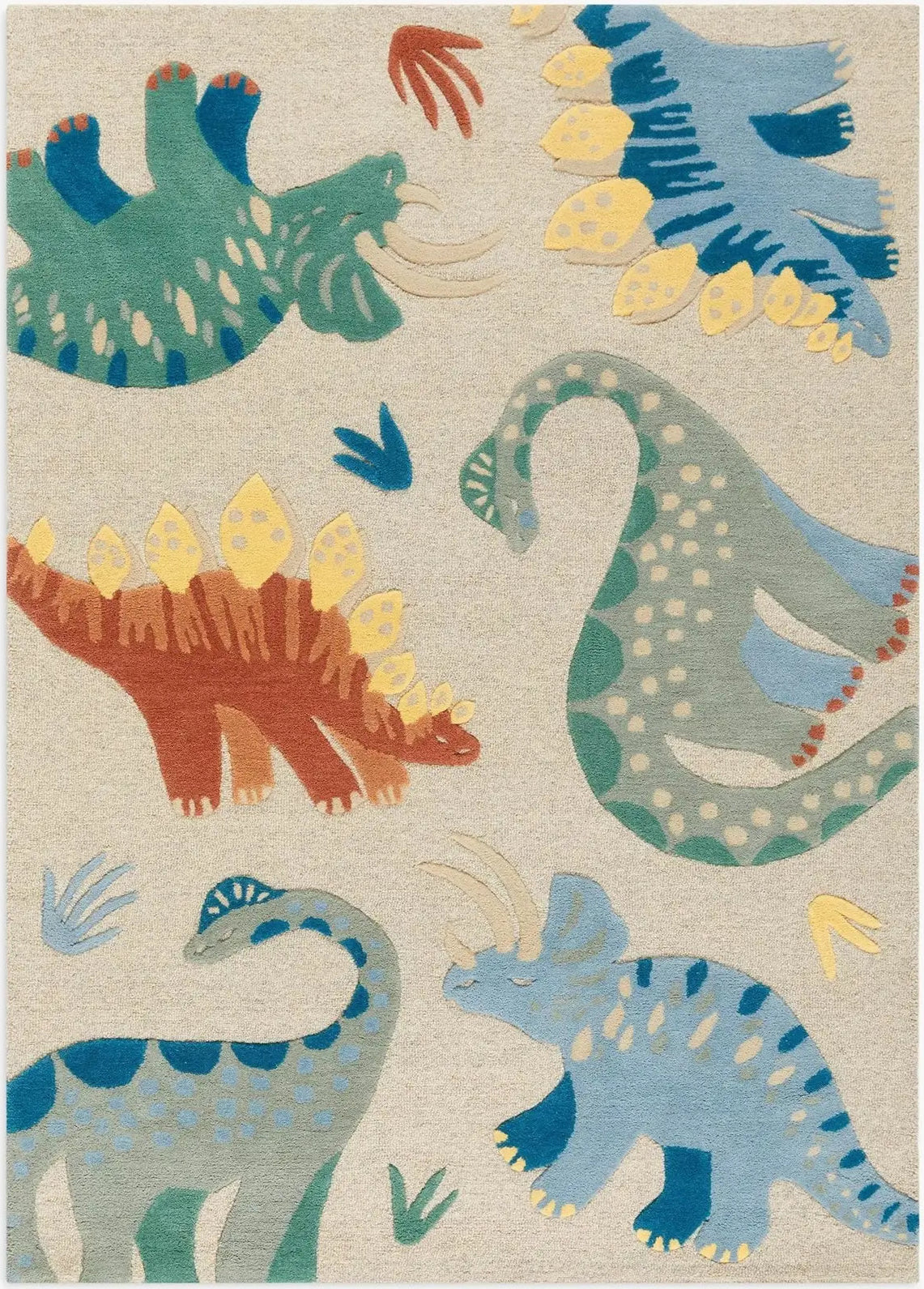 hand tufted wool kids rug with colorful dinosaur illustrations