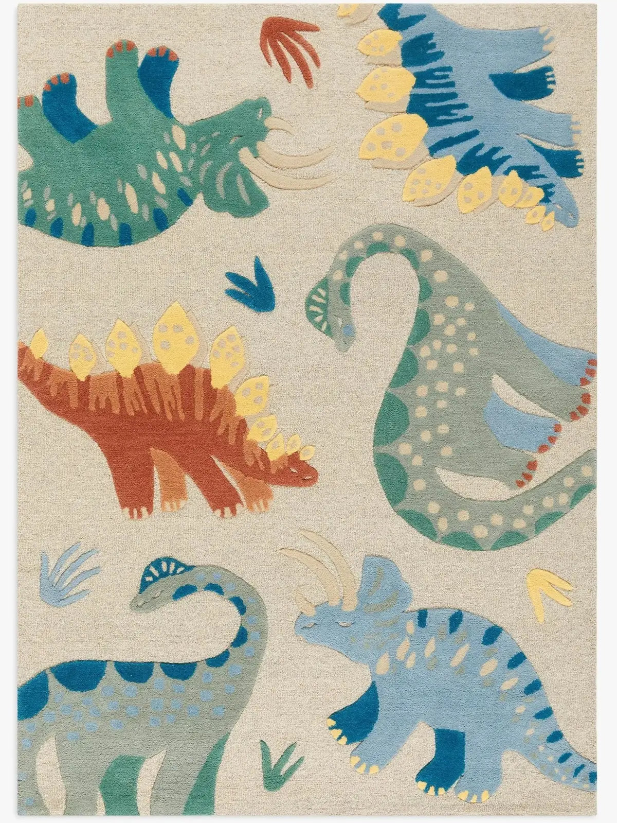 hand tufted wool kids rug with colorful dinosaur illustrations