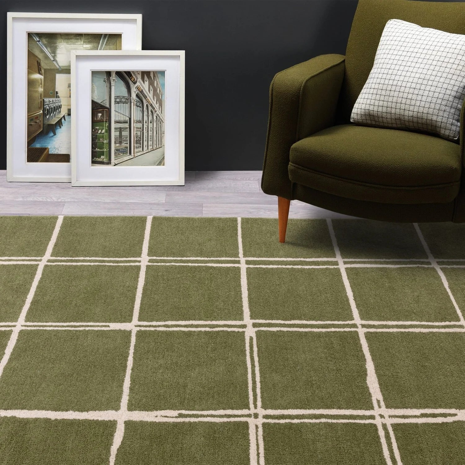 Green checkered rug in a room
