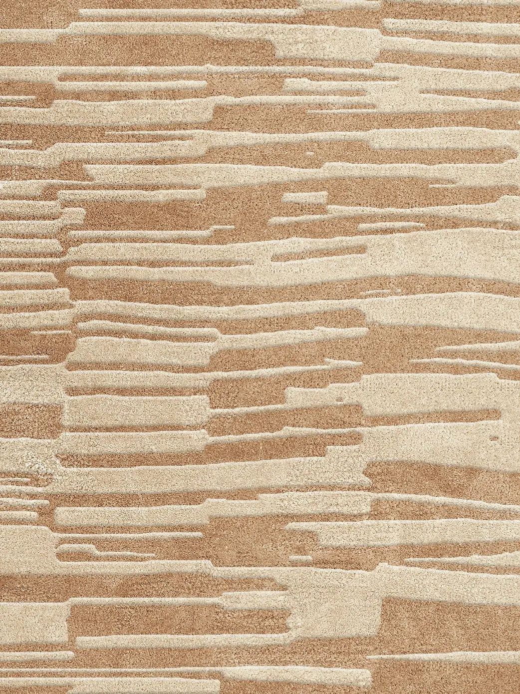 A close-up of a textured area rug with an abstract, horizontal layered pattern