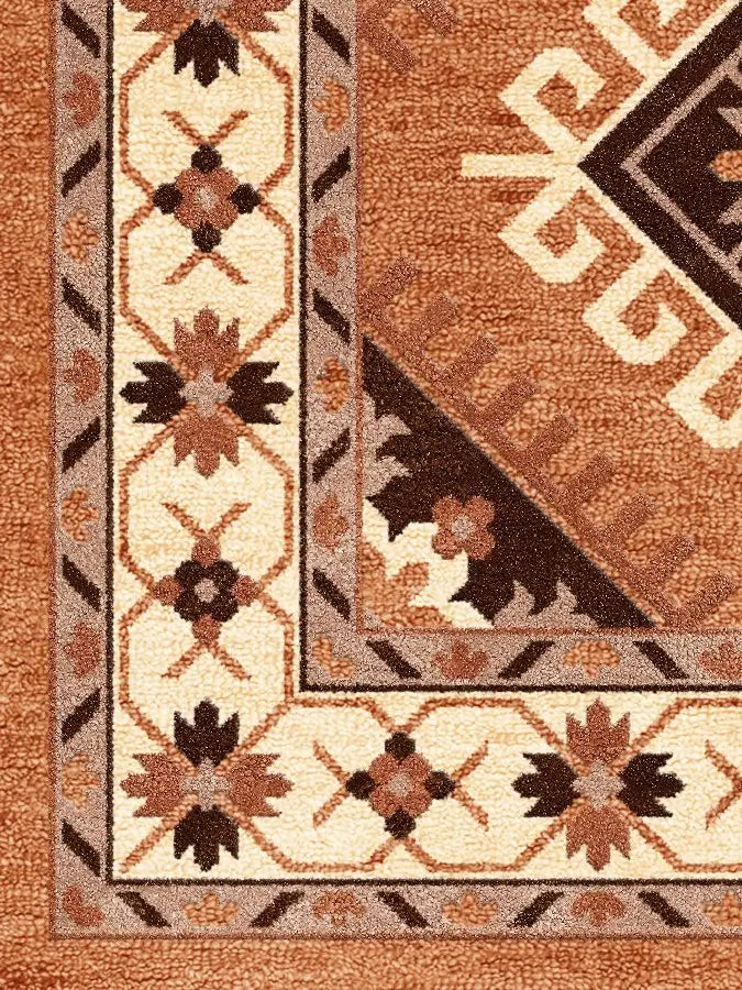 Patterned rug with geometric design in brown, beige, and black