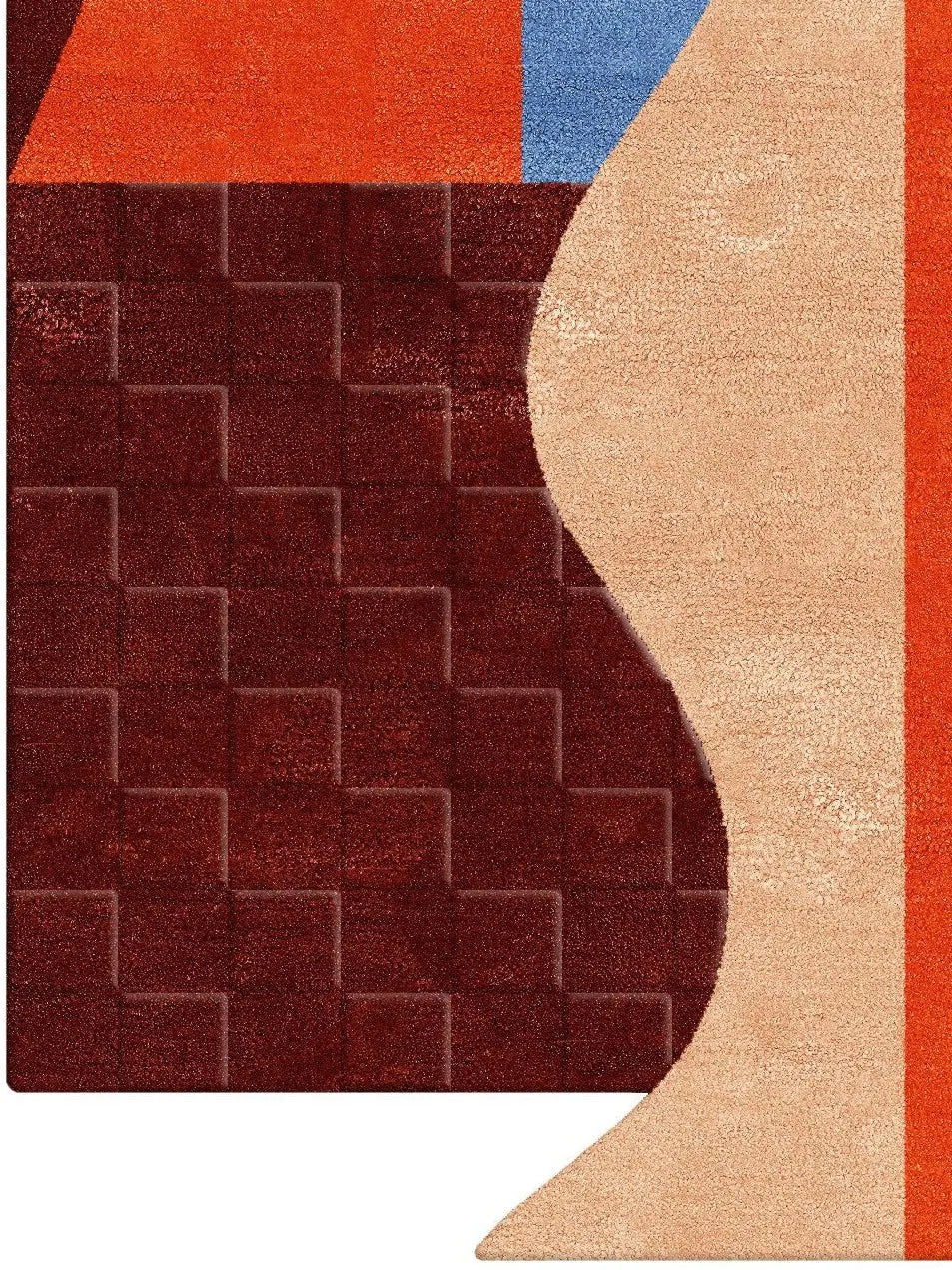 hand tufted wool area rug with red, blue, beige, and brown colors.
